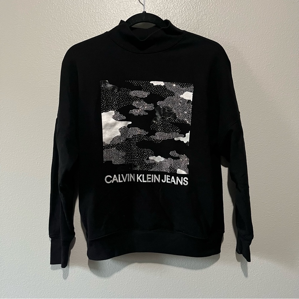 CAlVIN KLEIN- Black Mock Neck Sweater with Abstract Design Size XS